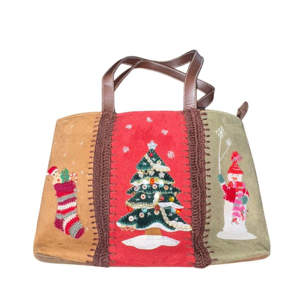Capelli Christmas Tote Bag Holiday Snowman Tree Appliqué Zippered Fabric‎ Purse
